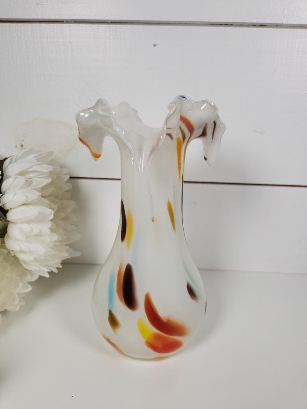Vintage White Multi Colored Confetti Glass Art Vase w/ Ruffled Edge, Hand Blown